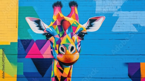 A colorful mural on a brick wall depicts a vibrant, geometric giraffe. photo