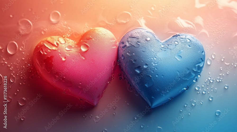 Obraz premium Couple of wet hearts showing love, affection, Valentine's day and romance