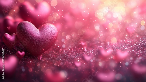 Pink hearts shining on a sparkling pink background for Valentine's Day