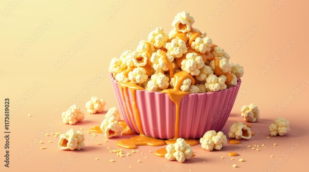 Delicious popcorn pile with golden caramel drizzle kitchen table setting food photography cozy atmosphere close-up view Delicious popcorn pile with golden caramel drizzle kitchen table setting food photography cozy atmosphere close-up view