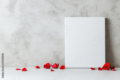 Blank white canvas with red rose petals on light textured background. Banner with copy space photo