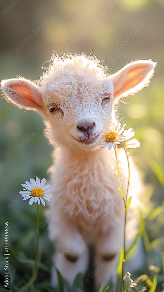 Fototapeta premium Little cute goat smelling daisy in the meadow