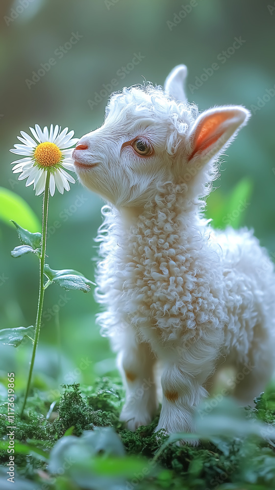 Obraz premium Little cute goat smelling daisy in the meadow