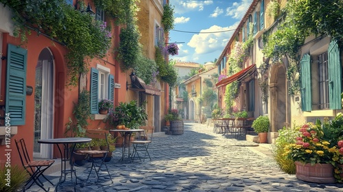 Fototapeta Naklejka Na Ścianę i Meble -  Narrow cobblestone street in a charming European village with yellow and beige stone buildings