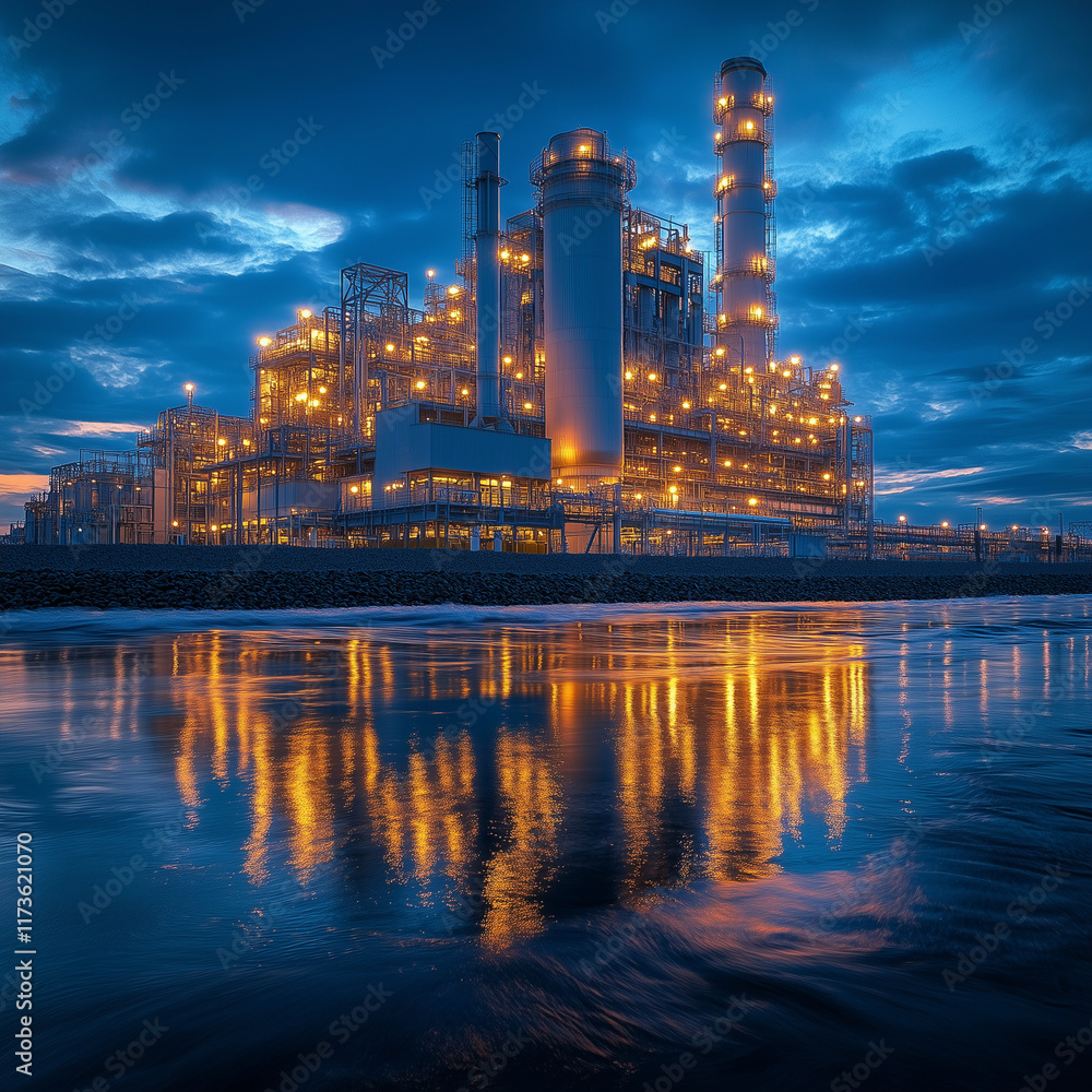Illuminated power plant at night reflecting on water Illuminated power plant at night reflecting on water
