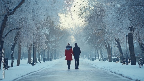 Wallpaper Mural Couple walking hand-in-hand down snowy path. Torontodigital.ca