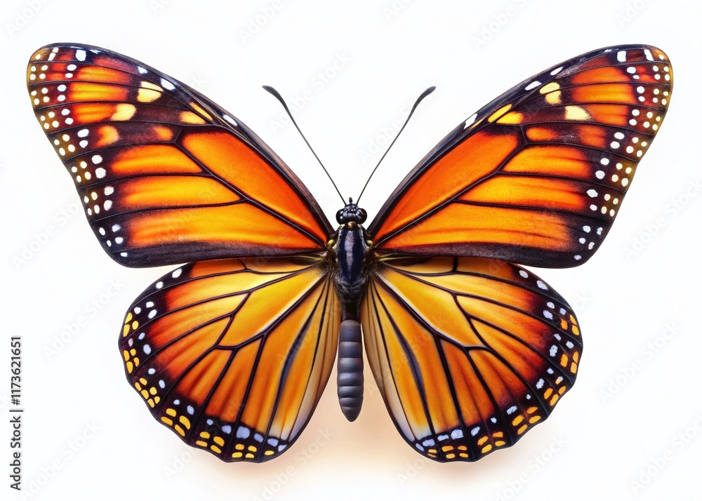 Fototapeta premium Vibrant Monarch Butterfly Wings Spread Wide, Isolated on White Background - Stock Photo