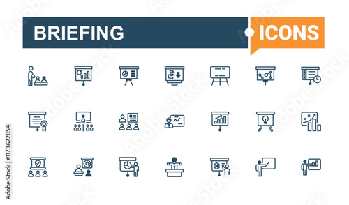 Briefing icons set. Contains related to brainstorm, audience, presentation, business, speak, plan, information. Outline icon. Vector line and solid icons.