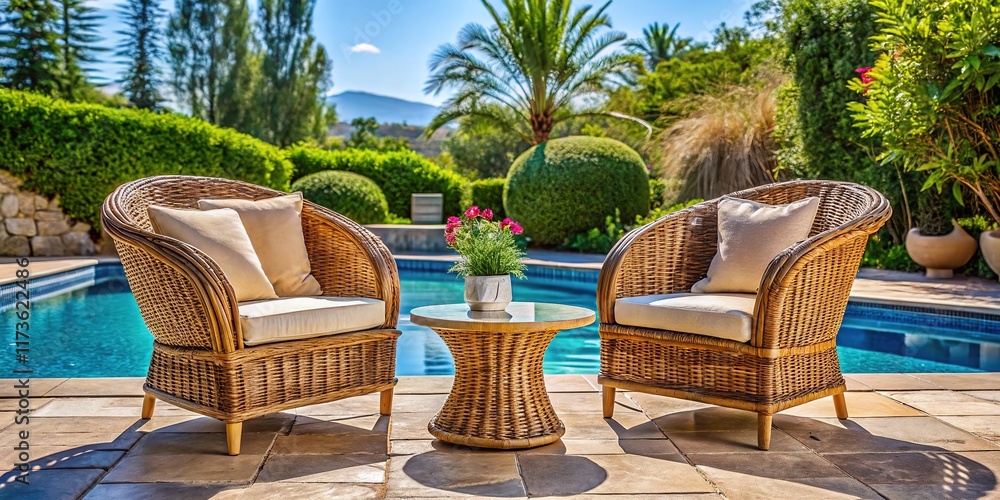 AI-generated patio with pool, wicker furniture, luxury. AI-generated patio with pool, wicker furniture, luxury.