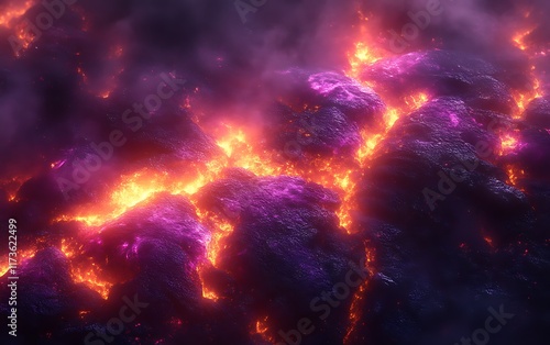 Glowing lava flowing through volcanic rocks. photo