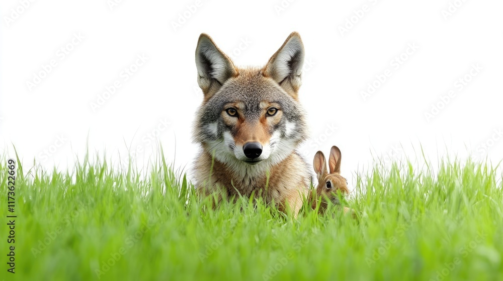 A coyote and a rabbit in a grassy field, showcasing a predator-prey relationship.