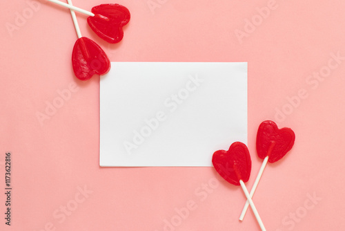 Love letter with candy heart lollipops on pink background, valentine's day, valentine's day, candy, candy, love