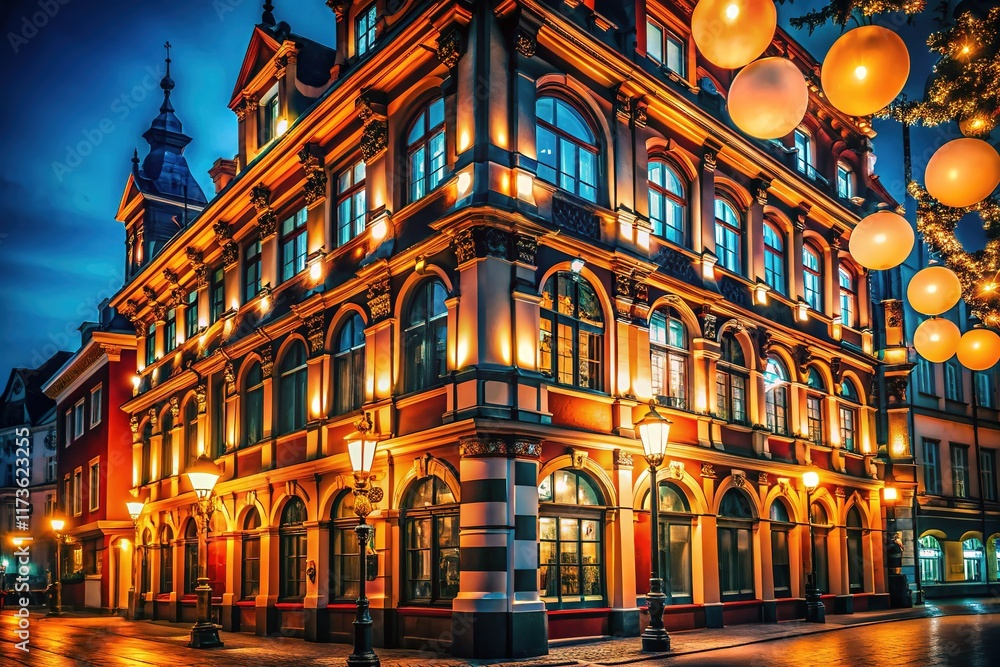 Obraz premium AI-powered urban night photography; breathtaking building imagery.