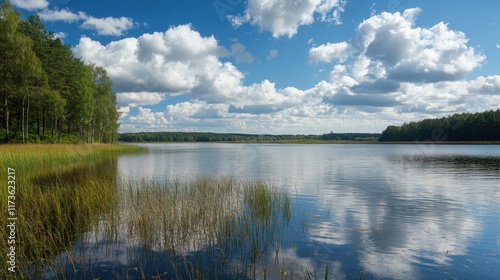 Serene Lakeside Landscape Under a Summer Sky