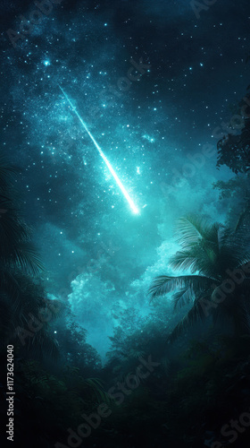 Night Scene in Jungle with Stars and Meteor Shower
