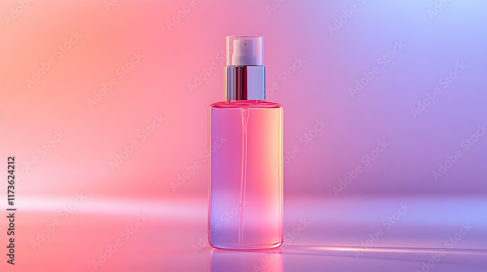 Pink and purple gradient background with a transparent spray bottle. Pink and purple gradient background with a transparent spray bottle.
