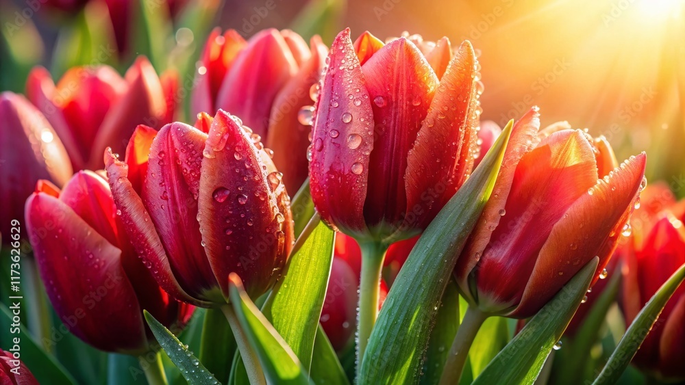 Vibrant Red Tulips Basking in Soft Morning Sunlight - Spring Flower Photography Vibrant Red Tulips Basking in Soft Morning Sunlight - Spring Flower Photography