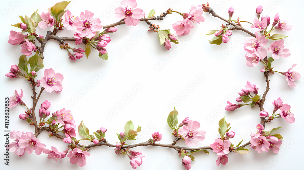 A frame made of delicate cherry blossom branches with pink flowers, isolated on a white background. the soft petals and green leaves form a beautiful, springtime border. Blossom. Illustration