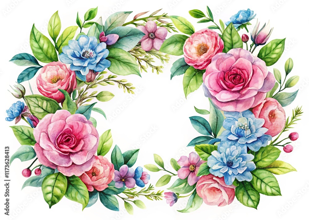 Delicate AI-created wreath with pink and blue flowers, leaves. Delicate AI-created wreath with pink and blue flowers, leaves.