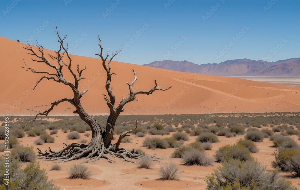 Desolate Desert Landscape with Red Sand Dunes and Dead Tree Desolate Desert Landscape with Red Sand Dunes and Dead Tree