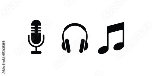 Music icon set illustration on white background. microphone headphone music Silhouette Vector Images.