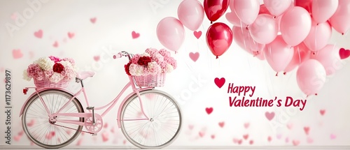 valentine's day card design features a pastel pink bicycle adorned with flower baskets. the balloons in shades of red and pink float alongside the bicycle, and the text "Happy Valentine's Day".