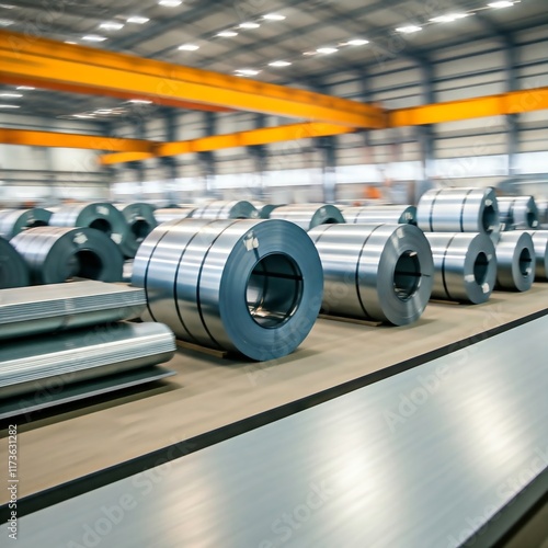  Industrial warehouse with neatly stacked steel coils, representing modern metal storage and distribution in manufacturing industries. photo