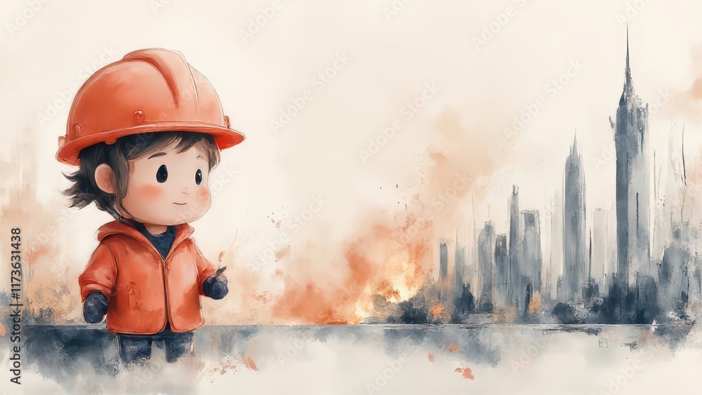 Child engineer city disaster hope watercolor. Child engineer city disaster hope watercolor.