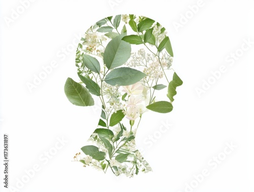 Nature-inspired silhouette representation of human mind artistic illustration greenery in white background creative concept photo