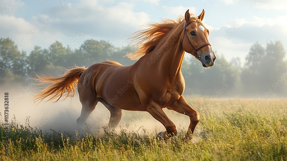Obraz premium Chestnut stallion running in a field at sunrise, kicking up dust.