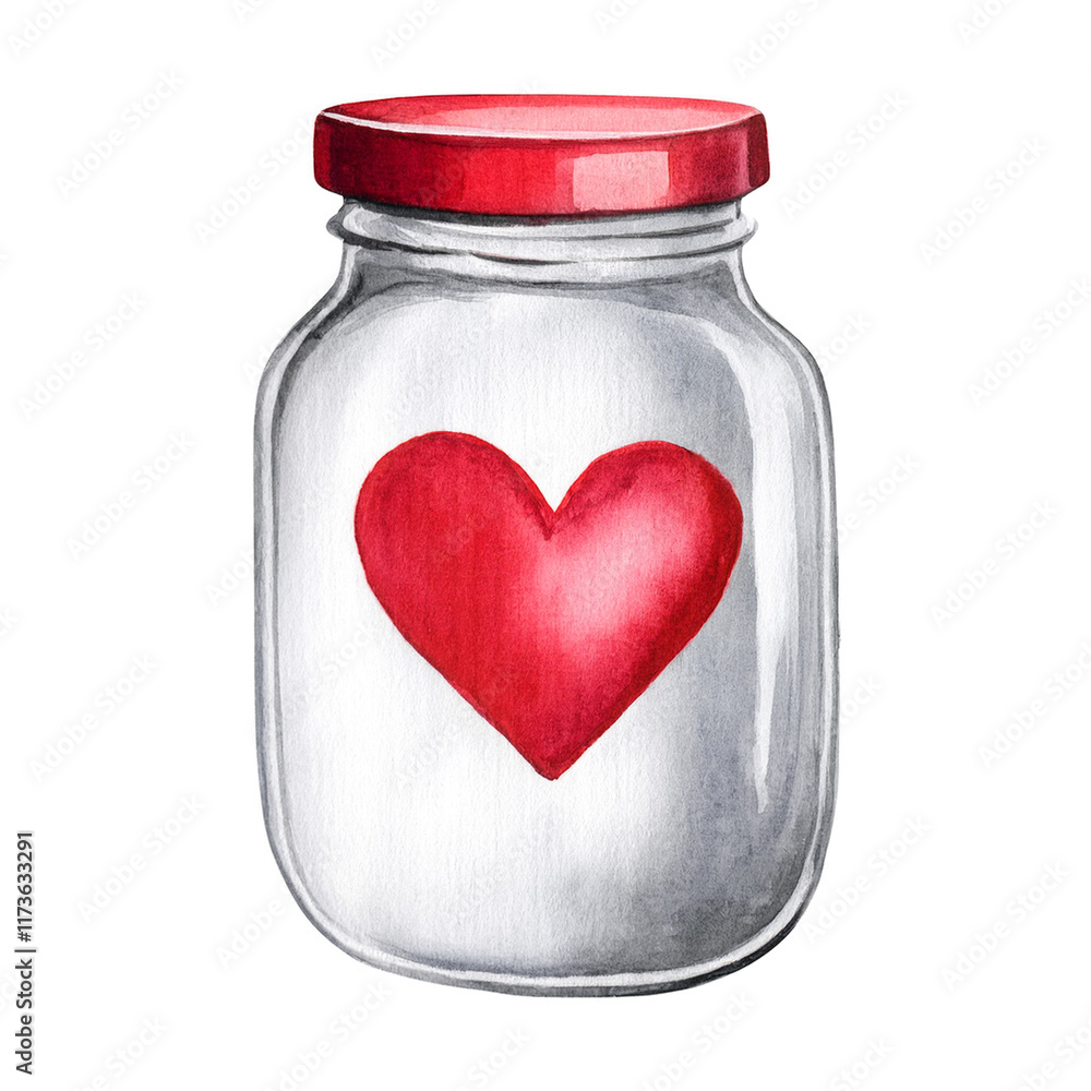 Watercolor of glass jar with red heart, isolated on white background. Mason Jar perfect for a Valentine's Day card, fabric print, or party decorations. Watercolor of glass jar with red heart, isolated on white background. Mason Jar perfect for a Valentine's Day card, fabric print, or party decorations.