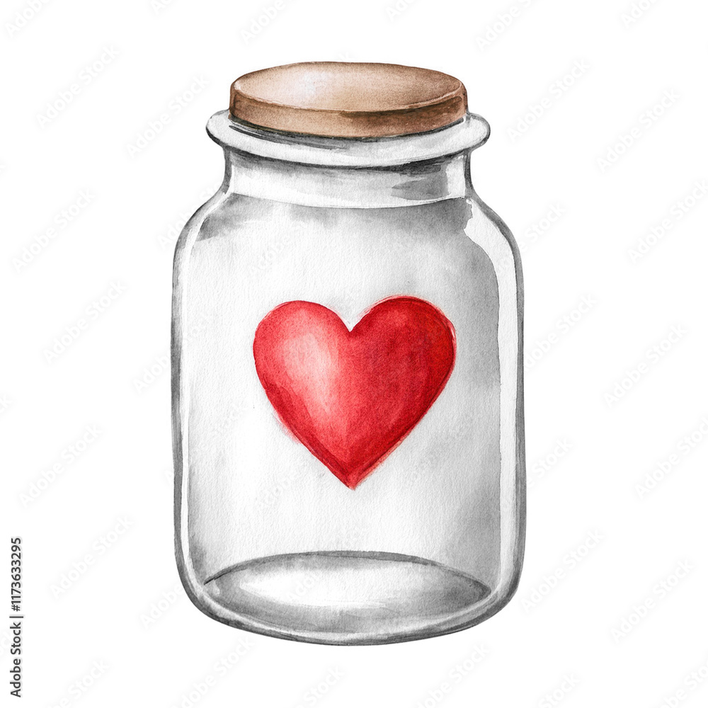 Watercolor of glass jar with red heart, isolated on white background. Mason Jar perfect for a Valentine's Day card, fabric print, or party decorations. Watercolor of glass jar with red heart, isolated on white background. Mason Jar perfect for a Valentine's Day card, fabric print, or party decorations.