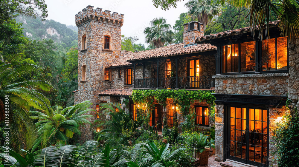 Obraz premium Stone castle home nestled in tropical hillside garden at dusk