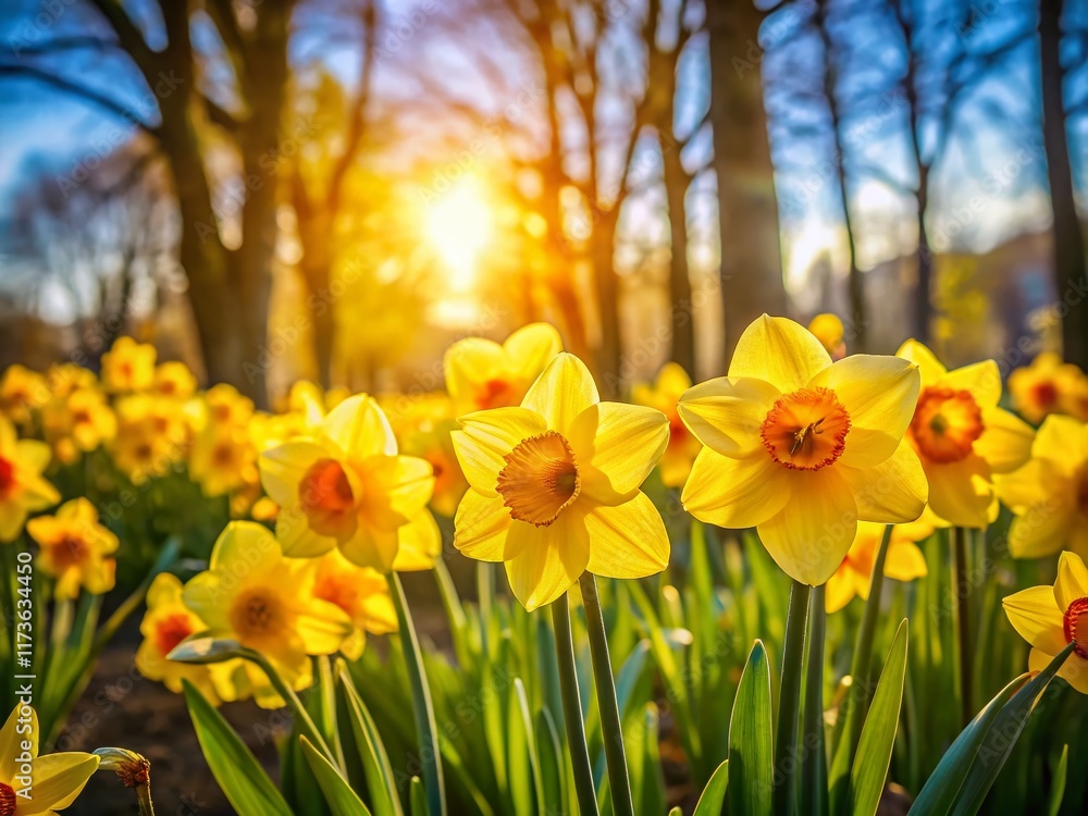 Obraz premium Vibrant Yellow Daffodils Blooming in a City Park - Spring Flowers