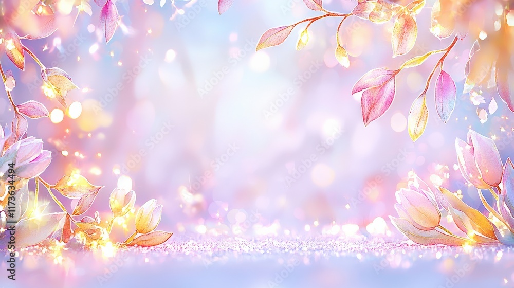 Fototapeta premium Pastel blossoms and sparkling glitter, dreamy spring scene