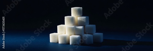 Pyramid of refined sugar cubes on a dark blue surface, representing sugar consumption, addiction, reduction, and sugar free lifestyle choices photo