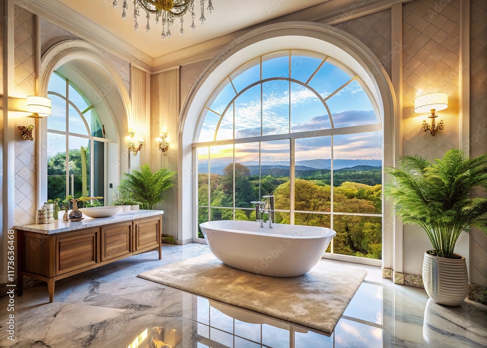 Luxury bathroom, expansive views, modern design. Luxury bathroom, expansive views, modern design.