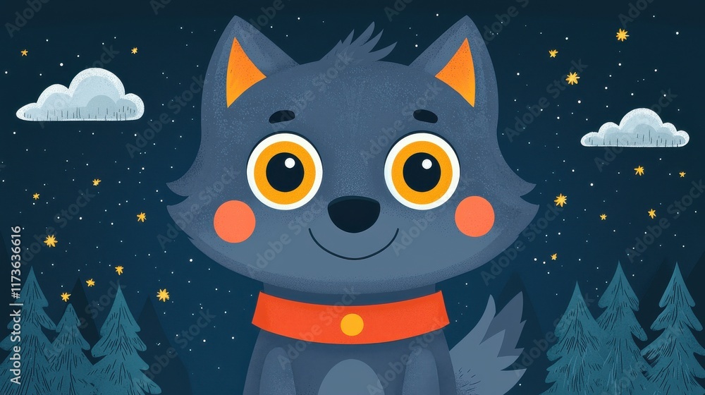 Naklejka premium Gray Wolf Character with Yellow Eyes and Red Collar Illustration