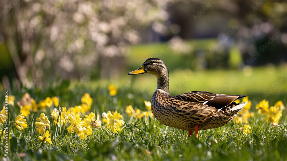 Wild duck in a spring meadow with blooming yellow flowers Wild duck in a spring meadow with blooming yellow flowers