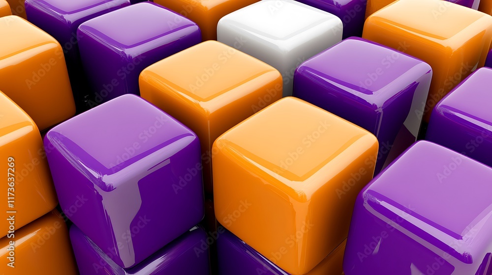 Abstract background of glossy cubes in purple, orange, and white. Abstract background of glossy cubes in purple, orange, and white.