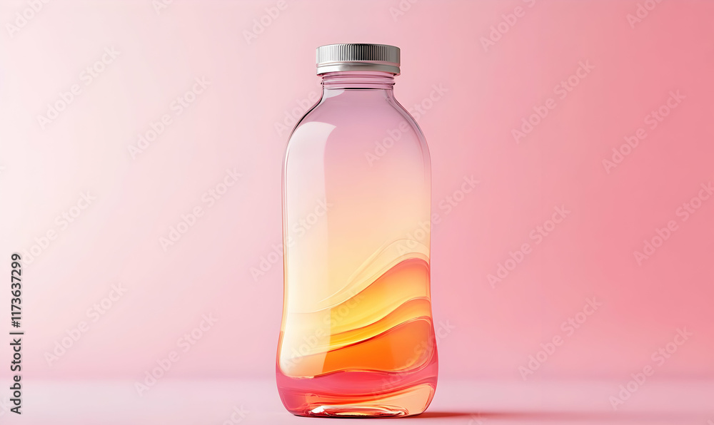 Clear plastic bottle with pink and orange gradient liquid against a pink background. Clear plastic bottle with pink and orange gradient liquid against a pink background.