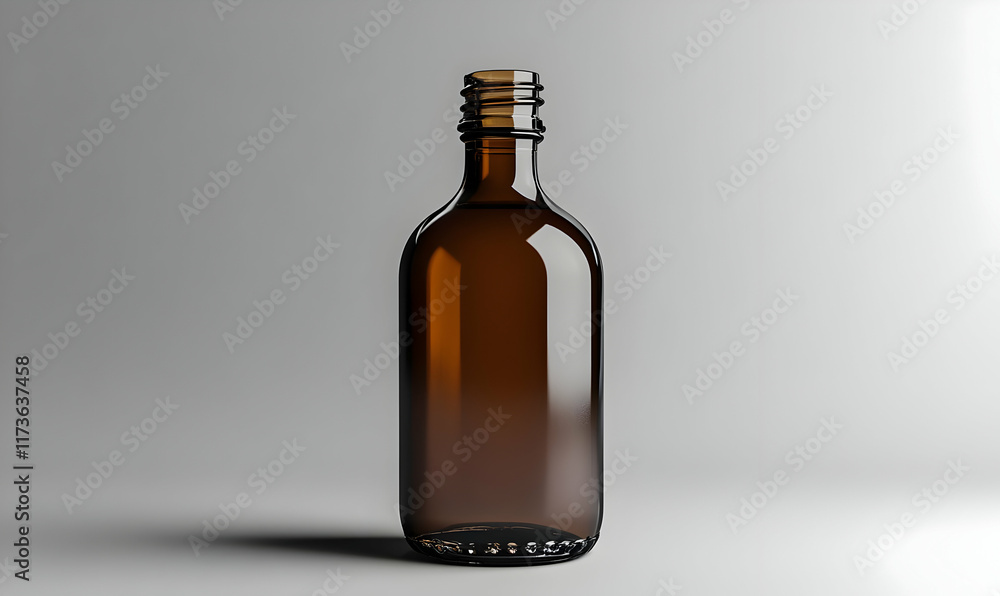 Amber glass bottle with a narrow neck and a screw cap, standing on a light grey background. Amber glass bottle with a narrow neck and a screw cap, standing on a light grey background.