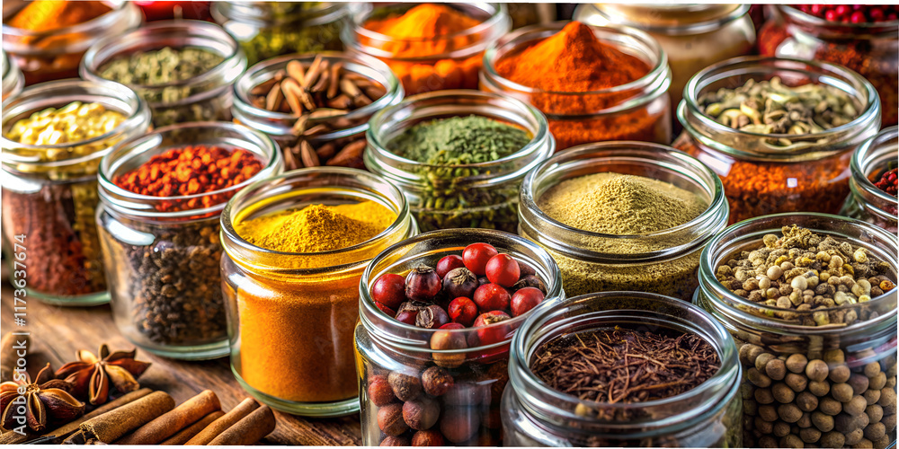 Brightly colored kitchen jars filled with a variety of spices arranged neatly on a wooden countertop Brightly colored kitchen jars filled with a variety of spices arranged neatly on a wooden countertop