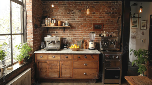 Wallpaper Mural Rustic kitchen with espresso machines, lemons, window light, brick wall Torontodigital.ca