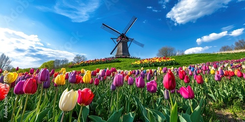 windmill, field of colorful tulips background photo