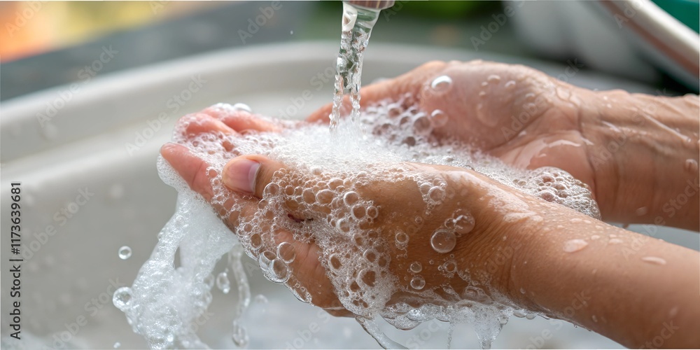 Fototapeta premium Soapy hands being rinsed under running water in a sink during a daily cleaning routine