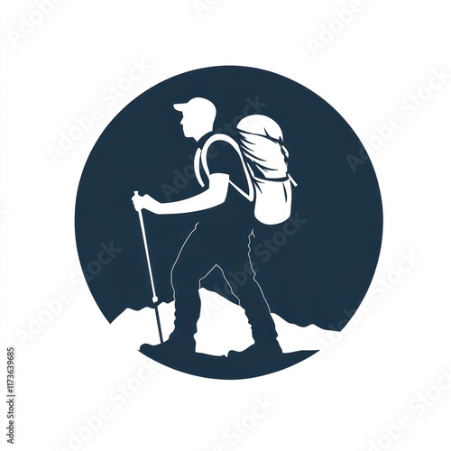 Hiker With Backpack Ascending Mountainous Terrain photo