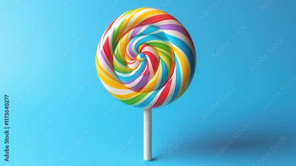 Glossy 3D Render of Colorful Candy Lollipop on Blue Background