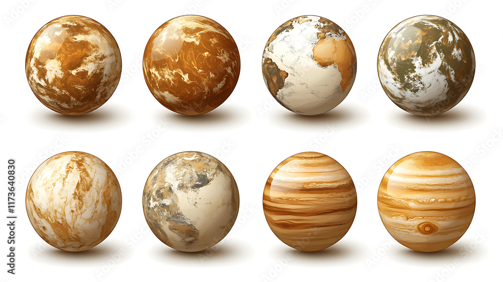 Eight realistic 3D planets, Earth, and other celestial bodies isolated on white background. Eight realistic 3D planets, Earth, and other celestial bodies isolated on white background.