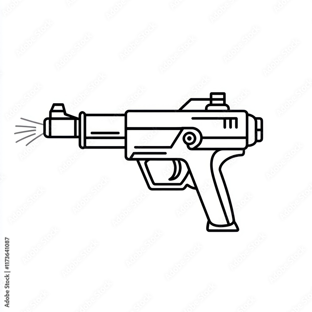 Line art drawing of a futuristic handgun firing Line art drawing of a futuristic handgun firing